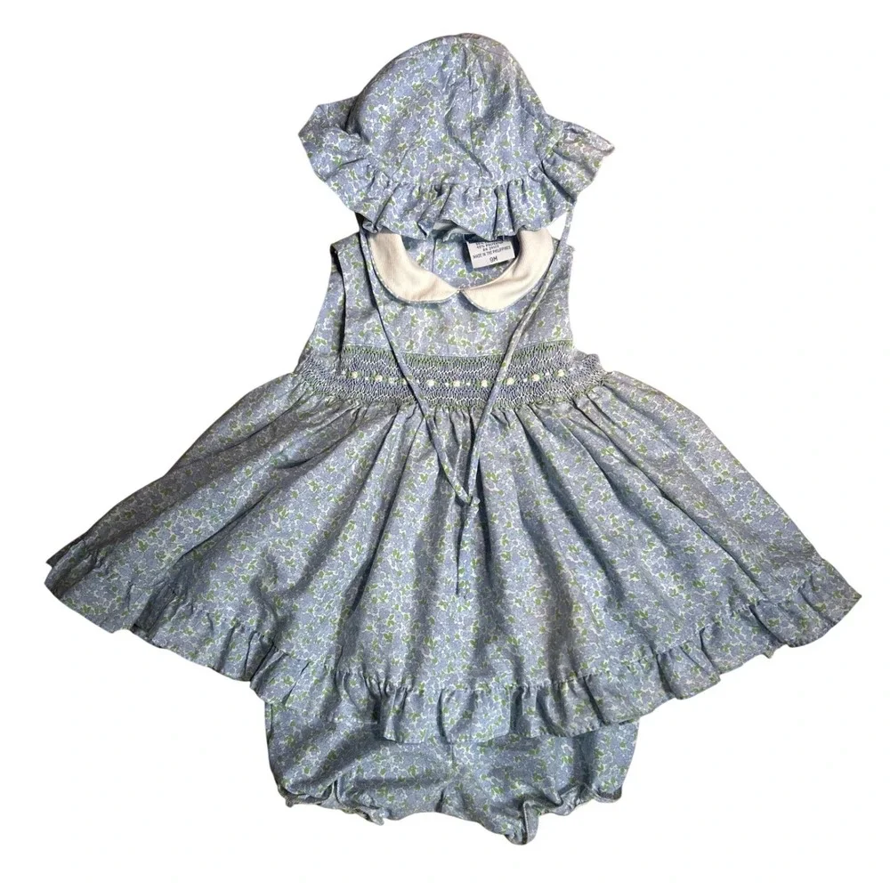 VTG Carriage Boutiques Baby Girls Blue Floral Smocked Dress‎ Bloomers Hat Set 9M